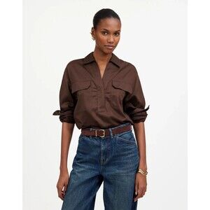 MADEWELL Utility Long-Sleeve Popover Shirt XL Dark Carob Brown Collared Top B68
